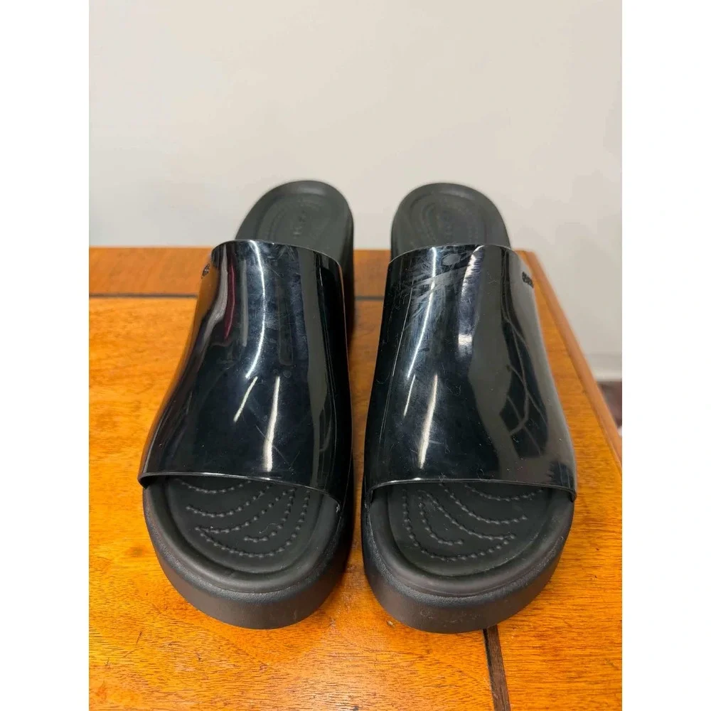 Crocs Women's 9 Brooklyn High Shine Heeled Mules Black Platform Wedge Slides